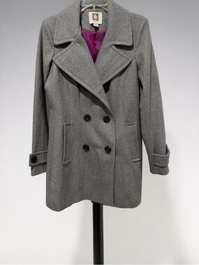 Anne Klein Gray Double-Breasted Peacoat with Notched Lapels